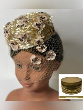 Vintage 1950s Miss Sally Victor Veiled Pillbox Hat Floral Straw Gold w/ Hatbox